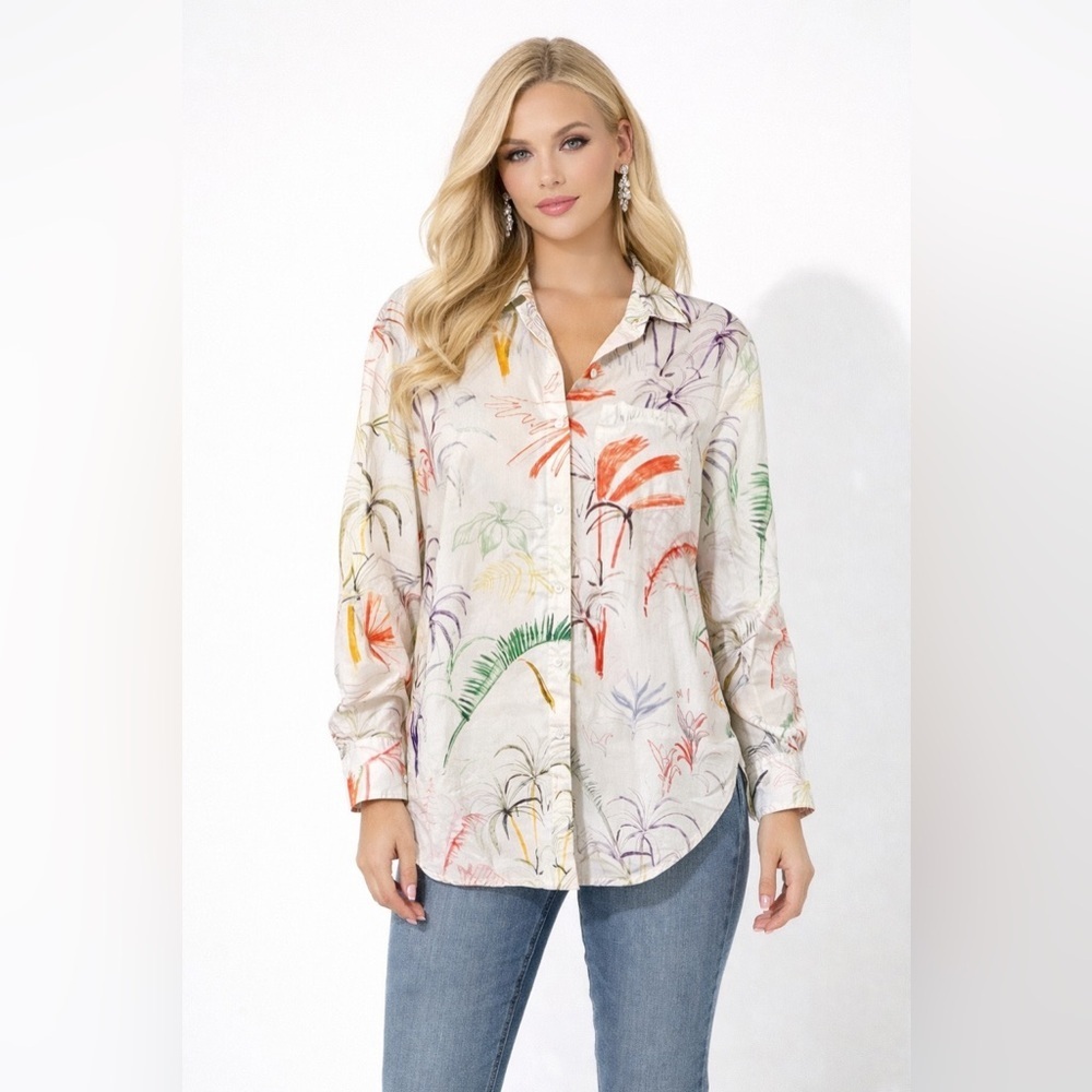 Saint Holiday Long Sleeve Button Up Tropical Blouse Size 0 Color Cream White